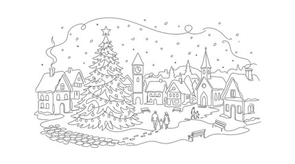 Fototapeta premium Continuous One Line Drawing of Festive Winter Village Square with Christmas Tree and Snow