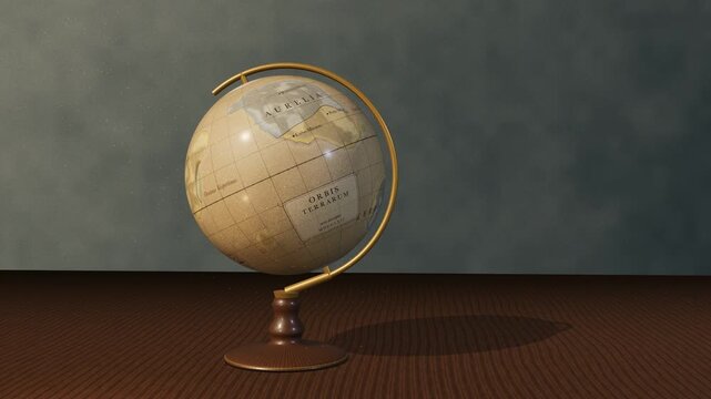Antique desk globe with brass meridian slowly rotating on a wooden table by a window, dust in warm daylight, seamless loop background