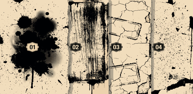 Rolled ink stamp textures handmade with brayer set. Rectangle eroded shapes with streaks, distressed letterpress grainy overlays, linocut printmaking vector illustration on transparent background