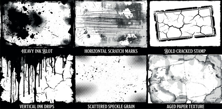 Rolled ink stamp textures handmade with brayer set. Rectangle eroded shapes with streaks, distressed letterpress grainy overlays, linocut printmaking vector illustration on transparent background