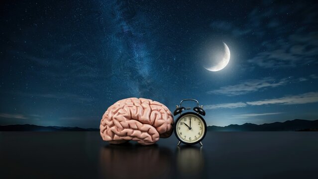 Human brain and alarm clock at night