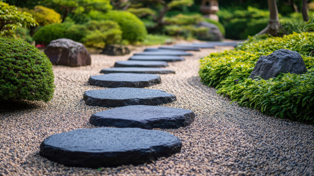 Stone stepping Walkway among lawn in a Japanese style garden