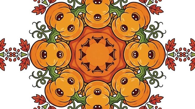 Autumn Floral Mandala Animation with Orange Fall Leaves on White Background