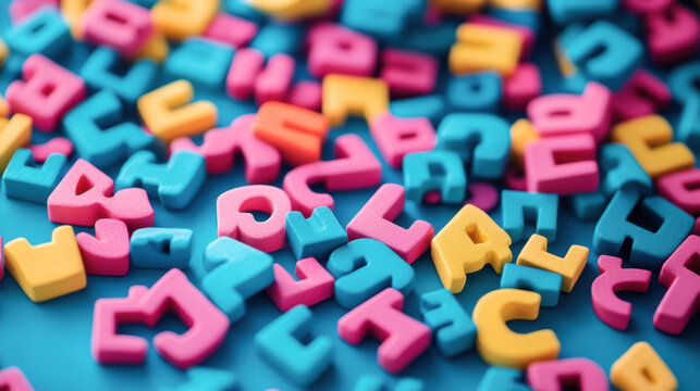 multi-colored wooden letters of the English alphabet on a blue background