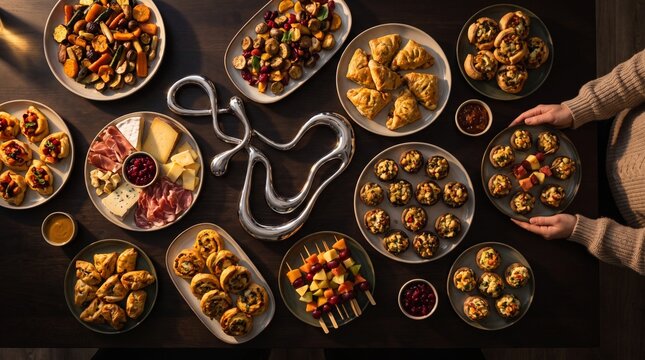 Gourmet appetizer spread on dark table, variety of finger foods and charcuterie platters, warm atmospheric lighting, top view of party catering
