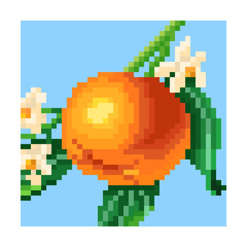 Pixel art orange fruit stamp with white blossoms
