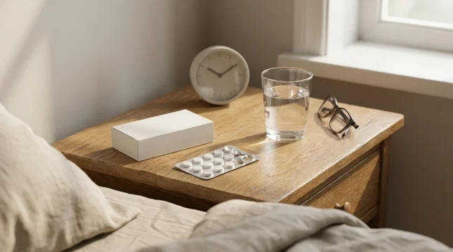 Blister pack of pills with glass of water and clock on bedside table