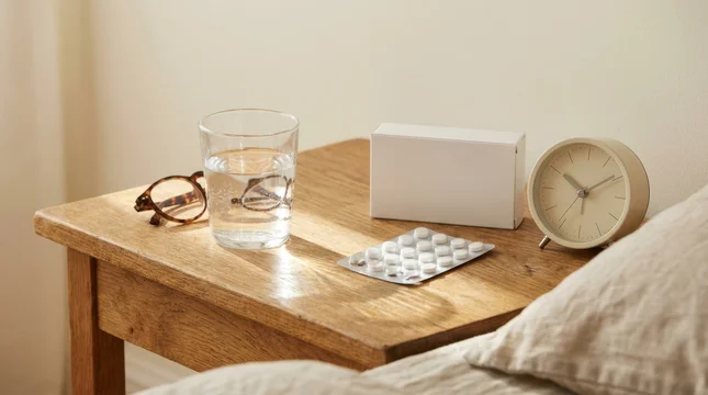 Medical pills blank box and glass of water on wooden nightstand