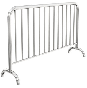 high quality 3d realistic perspective render of a portable steel barricade with a shiny chrome finish featuring vertical metal bars and curved feet for secure crowd control and temporary roadblocks