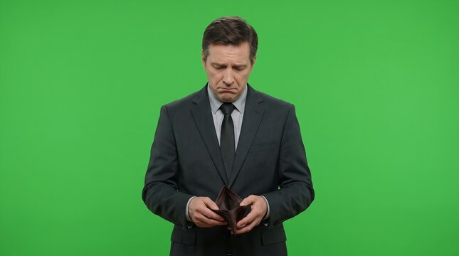 Sad businessman looking into his empty wallet against a green screen background