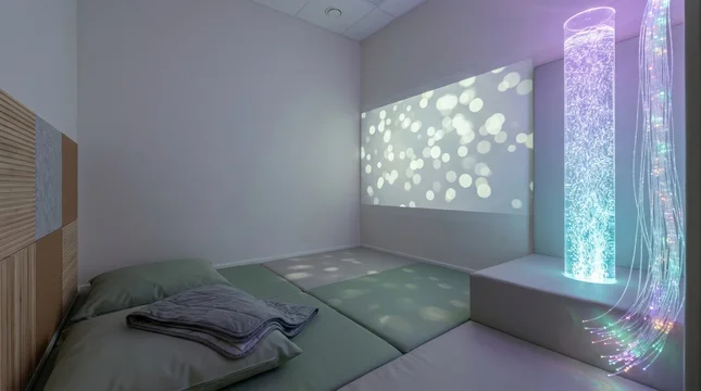 Empty sensory room in clinic with calming light projections and bubble tube for neurodivergent children