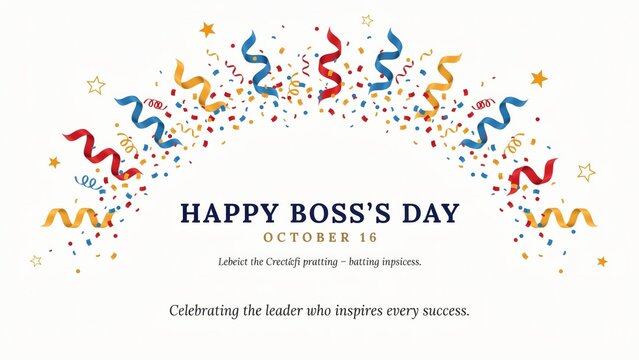Happy Boss's Day greeting card, October 16 celebration banner with colorful confetti and streamers, professional leadership appreciation background