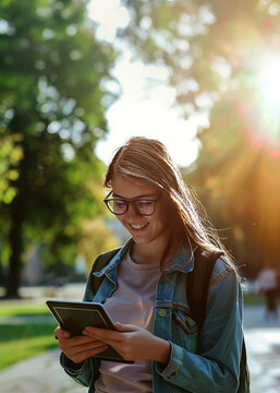 Campus Connection: Student Focused on Tablet Outdoors