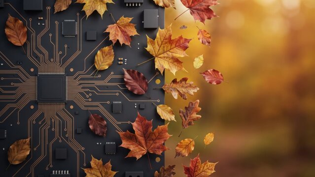 Autumn leaves on a computer circuit board