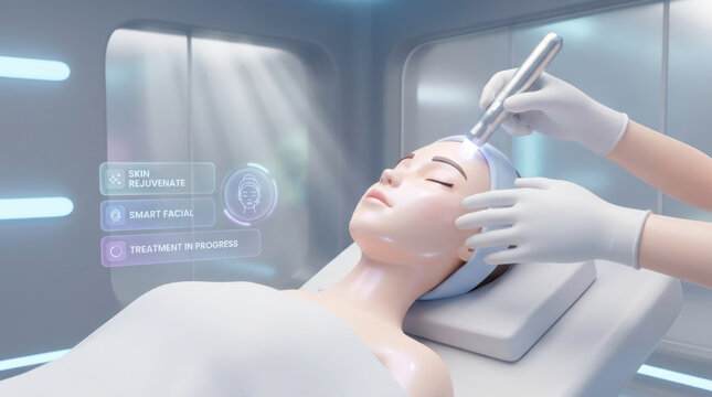 Mature woman receiving anti-aging cosmetic injection treatment on her forehead in a bright medical clinic.