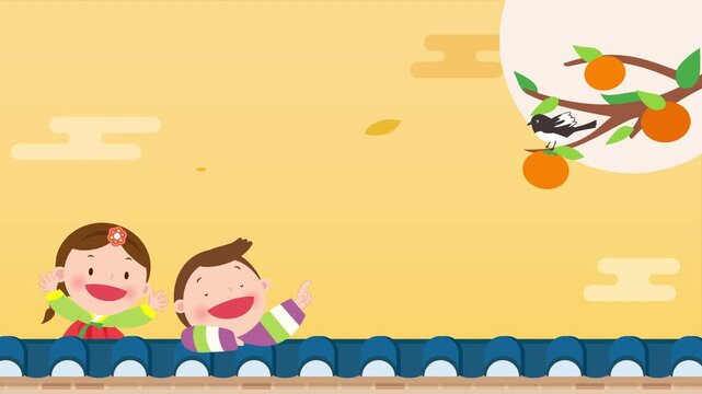 4K Korean Harvest Festival (Chuseok or Hangawi) background Animation. Persimmon tree with kids in Korean traditional costume.