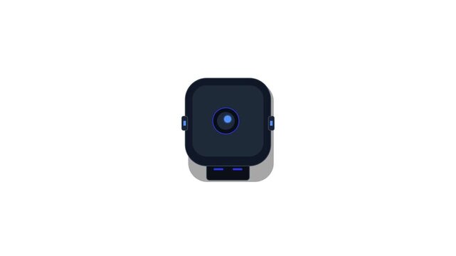 Premium 4K microstock motion graphic featuring a geometric autonomous robot assistant with articulated mechanical neck, scanning optical lens, and seamless loop.