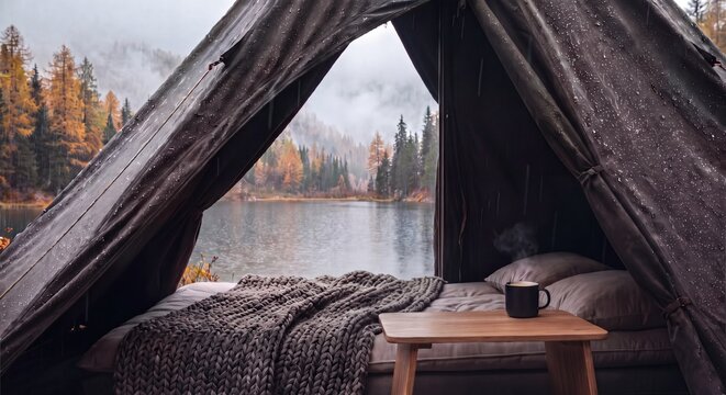 Cozy glamping getaway on a rainy autumn day featuring a bed with a knit blanket and a steaming mug inside a tent looking out at a misty lake and forest
