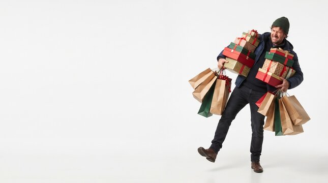 Man struggling to carry many gift boxes and shopping bags with a strained expression