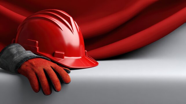 Red hard hat and protective glove with industrial pipes