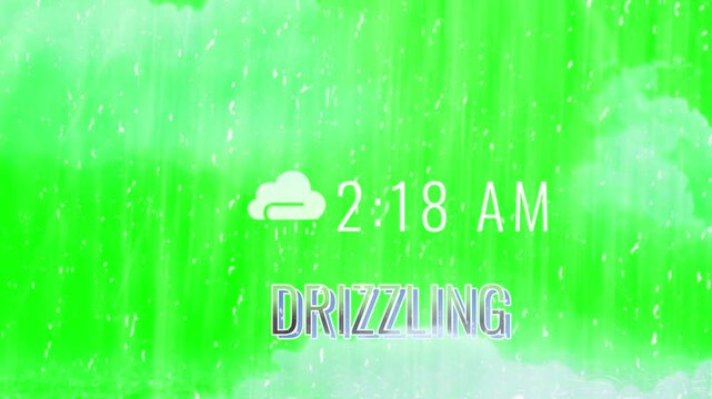 Weather Forecast Digital Display Showing 2:18 AM Time and Drizzling Conditions on Green Background
