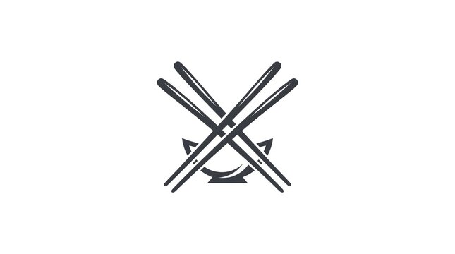 Minimalist black and white vector illustration of a traditional oriental food logo featuring a pair of crossed chopsticks placed over a small noodle or rice bowl