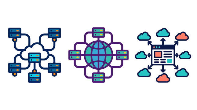 content delivery network cdn vector icon set showing cloud server infrastructure global web hosting and website distribution flat outline illustration