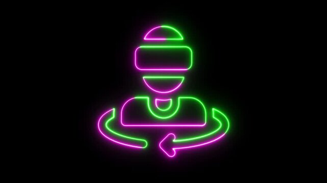 Neon glowing icon of a person wearing a virtual reality headset with a rotate arrow symbol