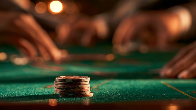 Stacked poker chips on green felt table with blurred hands of players engaged in a card game in a dimly lit casino environment