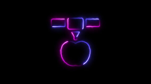 Neon light icon of a 3d printer creating an apple on a dark background