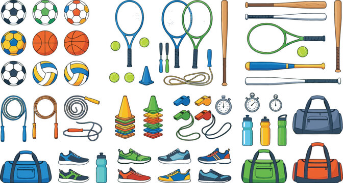 Sports equipment and fitness gear vector clip art set featuring tennis rackets balls baseball bats shoes cones skipping ropes whistles and gym bags