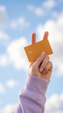 Hand raising blank orange card in peace sign gesture