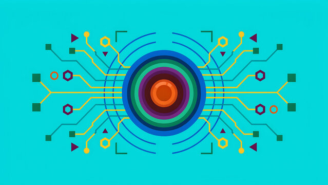 Concentric circular rings with a central orange circle and branching circuit board lines on a cyan background, representing digital connectivity, data flow, and, advanced technological network systems