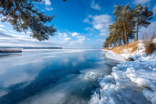 Winter landscape with frozen lake ice and pine trees