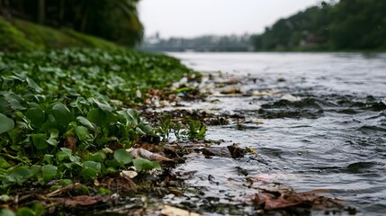 Obraz premium Polluted riverbank with floating debris and green aquatic plants along the water s edge under an overcast sky