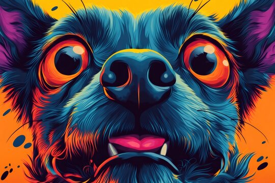 Psychedelic dog close up in vibrant pop art style