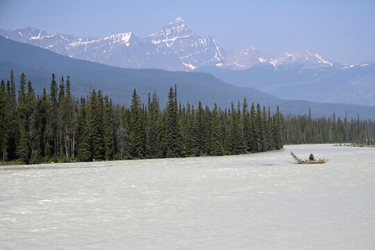 Landscape of Canada with river and Mountains. Jasper National Park, Alberta, Canada.