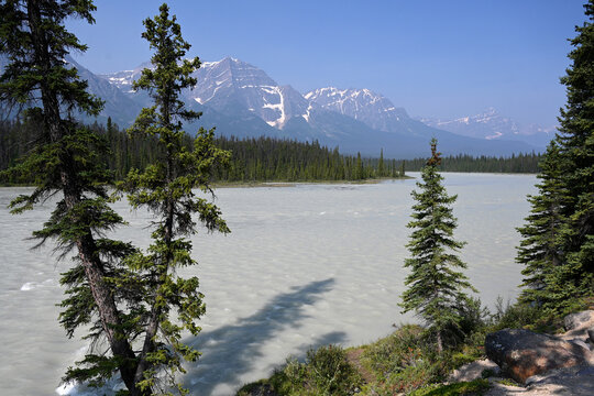 Landscape of Canada with river and Mountains. Jasper National Park, Alberta, Canada.