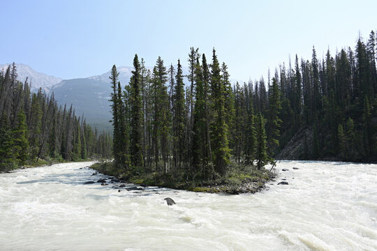 Landscape of Canada with river and Mountains. Jasper National Park, Alberta, Canada.