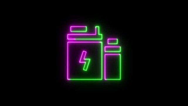 Neon battery icon with electric lightning bolt symbol in glowing purple and green colors on a dark background