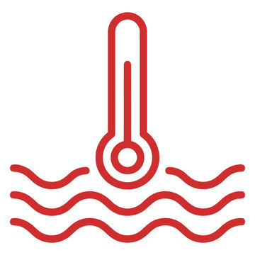 Red thermometer icon with wavy lines representing temperature or water heat, isolated on white background