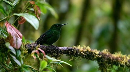 Fototapeta premium A small green bird perches on a mossy branch amid dense vibrant forest foliage with soft natural lighting