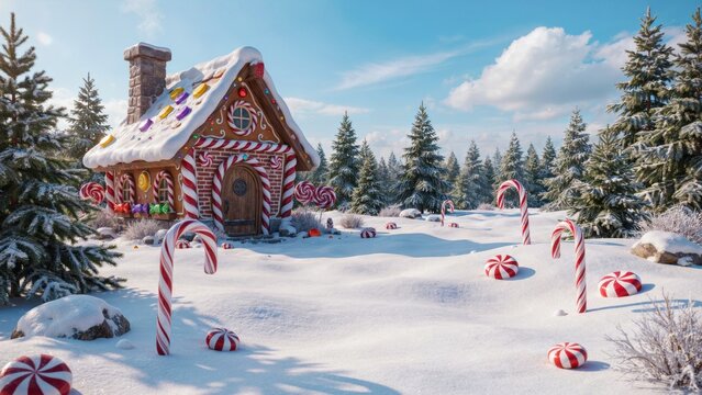 Gingerbread house in a snowy winter forest