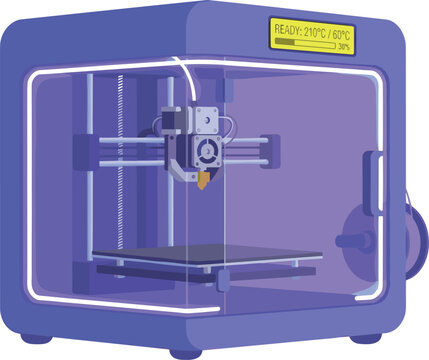 Modern purple 3D printer vector illustration enclosed machine with digital display