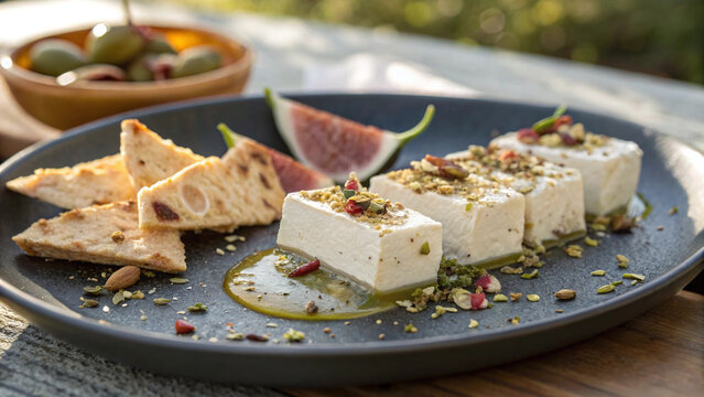 Mediterranean ch&egrave;vre terrine with roasted figs, pistachio layers, thyme honey, cracked pepper and lavash on a travertine table