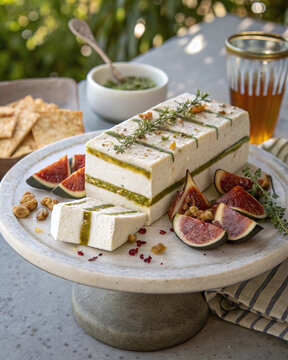 Refined Mediterranean ch&egrave;vre terrine with roasted figs, pistachio, thyme honey, cracked pepper and crisp lavash accents