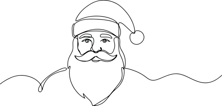 Santa Claus portrait with beard and hat continuous line art vector illustration for Christmas holiday minimal card design