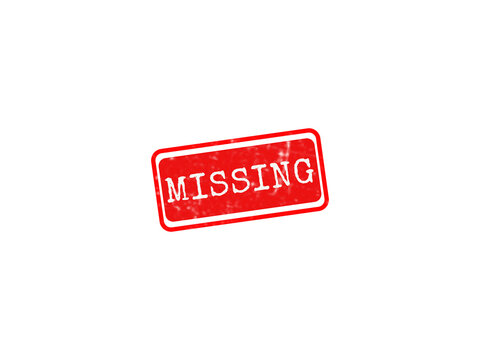 A bright red rectangular rubber stamp with the word MISSING in white distressed lettering, isolated on a white background for graphic design use.