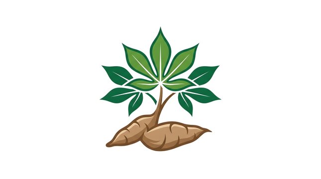 Vector illustration of a cassava plant with green palmate leaves and brown root tubers isolated on a white background