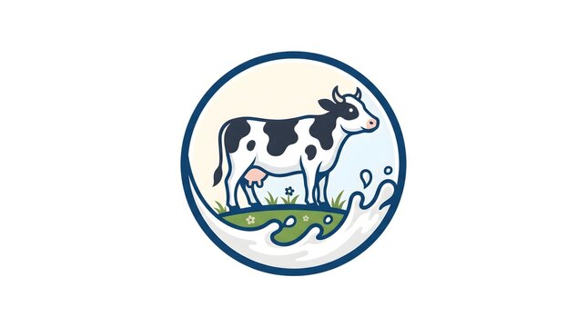 Vector illustration of a dairy cow standing on a green pasture with splashing milk inside a circular frame, perfect for dairy products, fresh milk branding, and organic farm logos